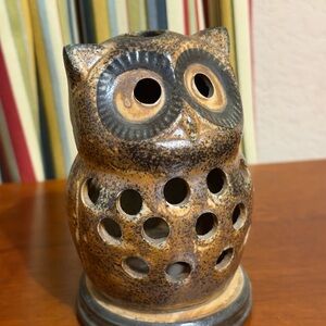 Vintage 70s Brown Ceramic Owl Tealight Candle Holder